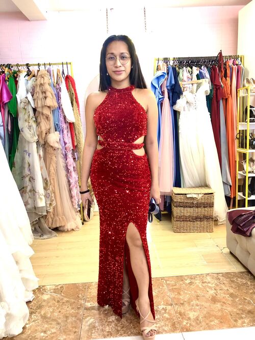 Red Halter Sexy Side Slit Long Gown