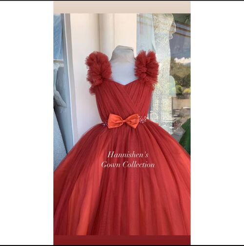 Rust Orange Flower Girl Tulle Kids Dress