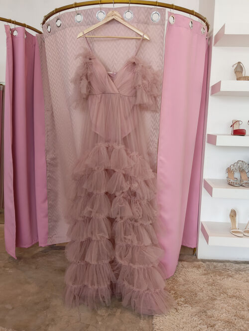 Pink Off-Shoulder Tiered Tulle Maternity Dress Faeriesty 