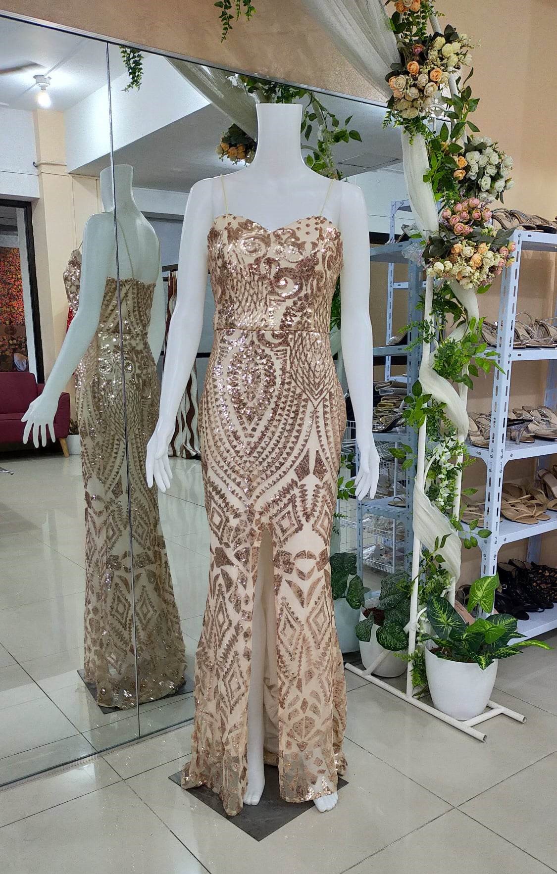 Nude Gold Sexy Sequins Glittery Front Slit Gown