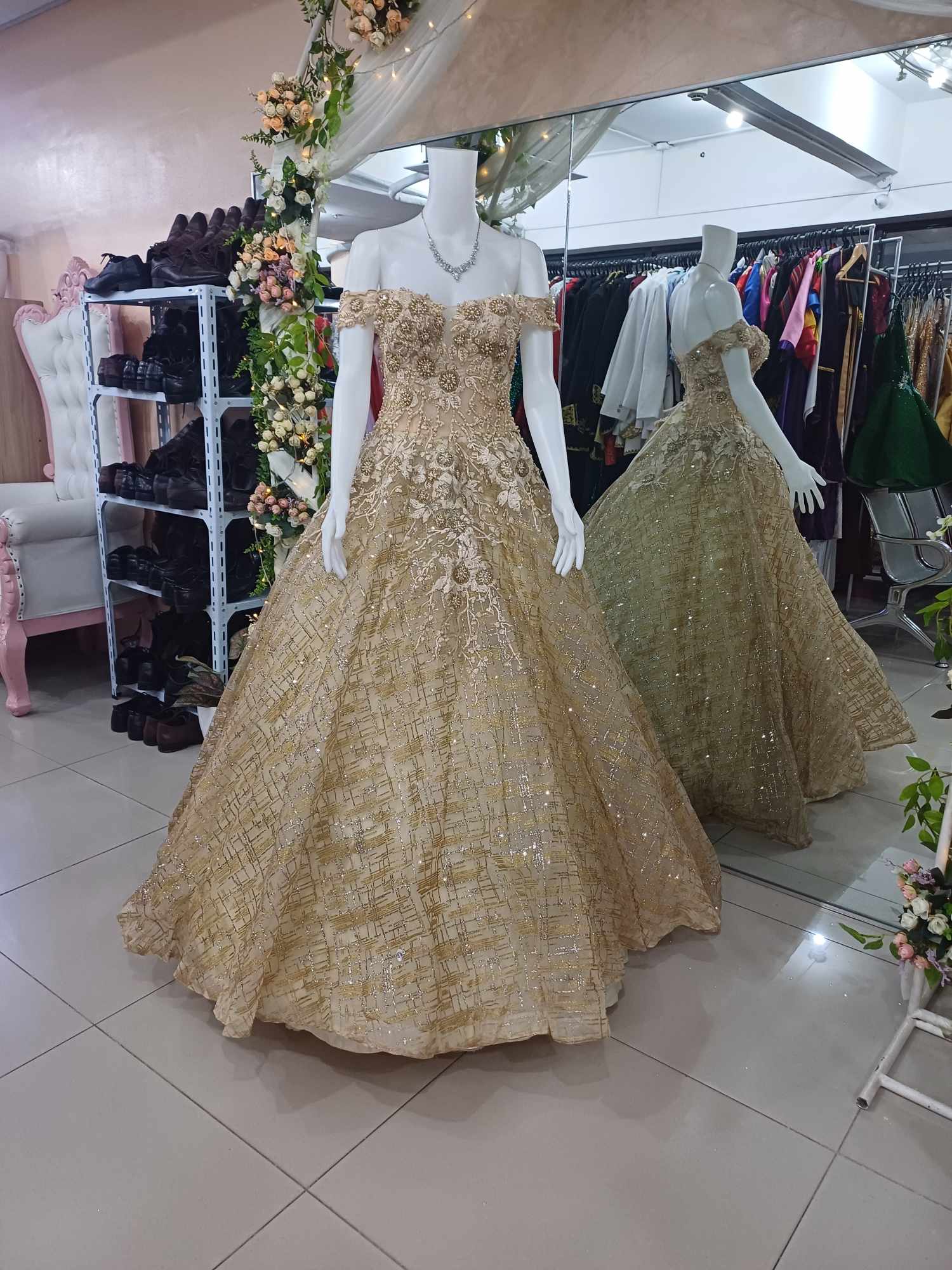 Golden Embroidered Leaves Ball Gown