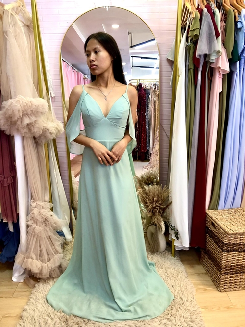 Teal Green Spag Offshoulder Chiffon Bridesmaid Gown