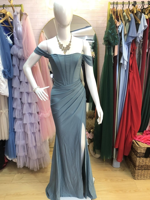 Ash Blue Off Shoulder Corset Long Gown