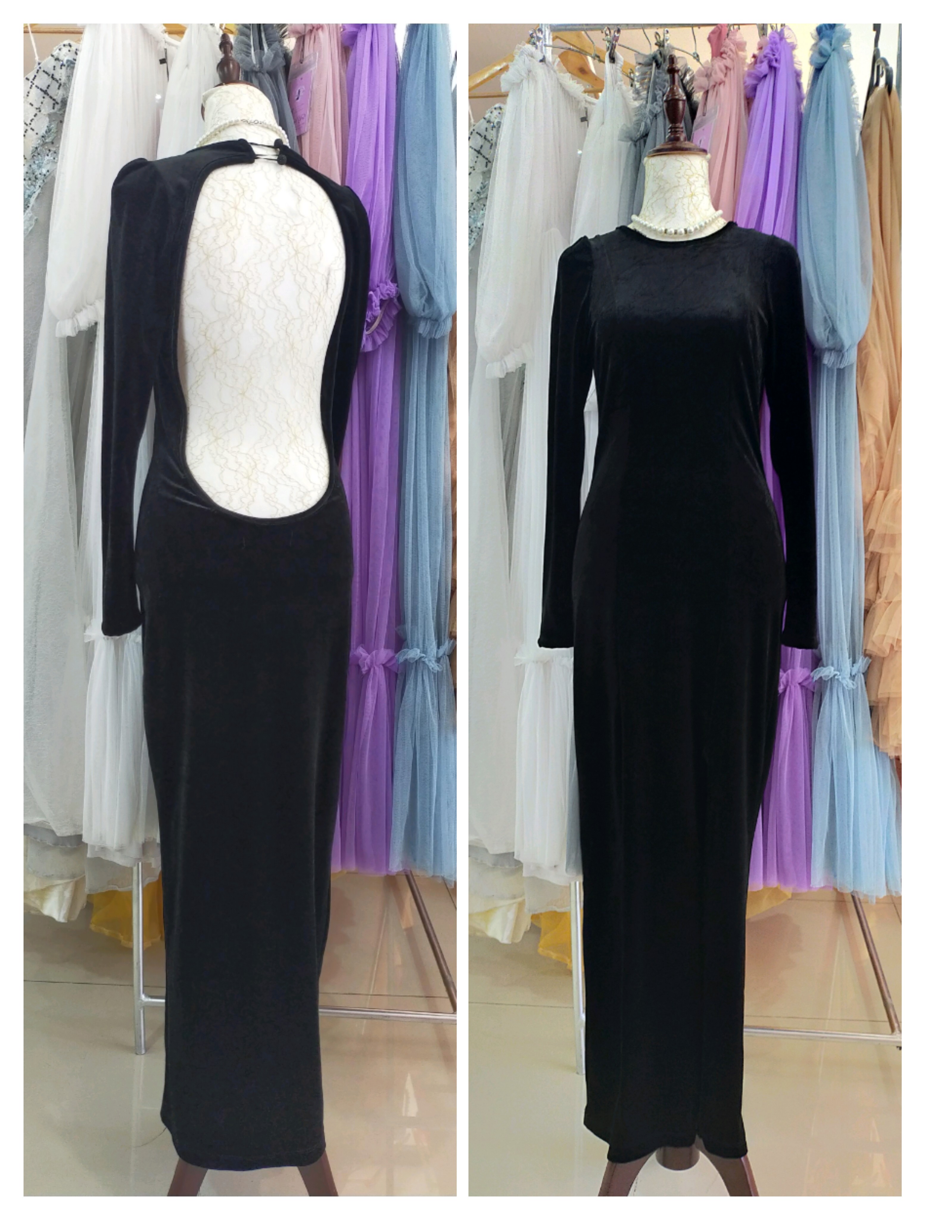 Black Longsleeves Open Back Velvet Gown