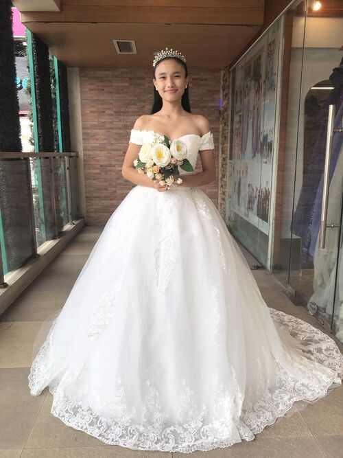  Hand Beaded Off Shoulder with Long Back Trail Wedding Gown