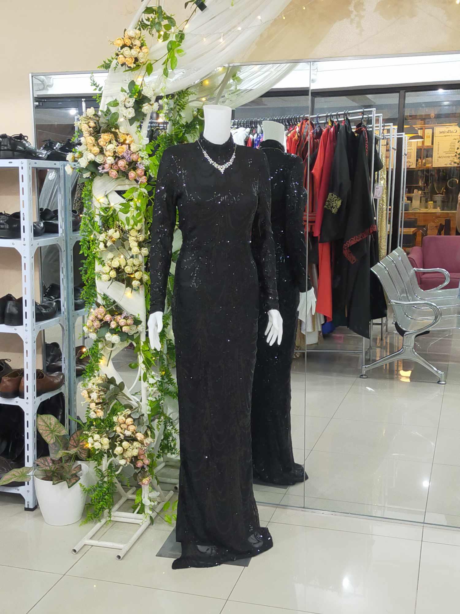 Black Glittery Turtle Neck Half See-through Long Gown