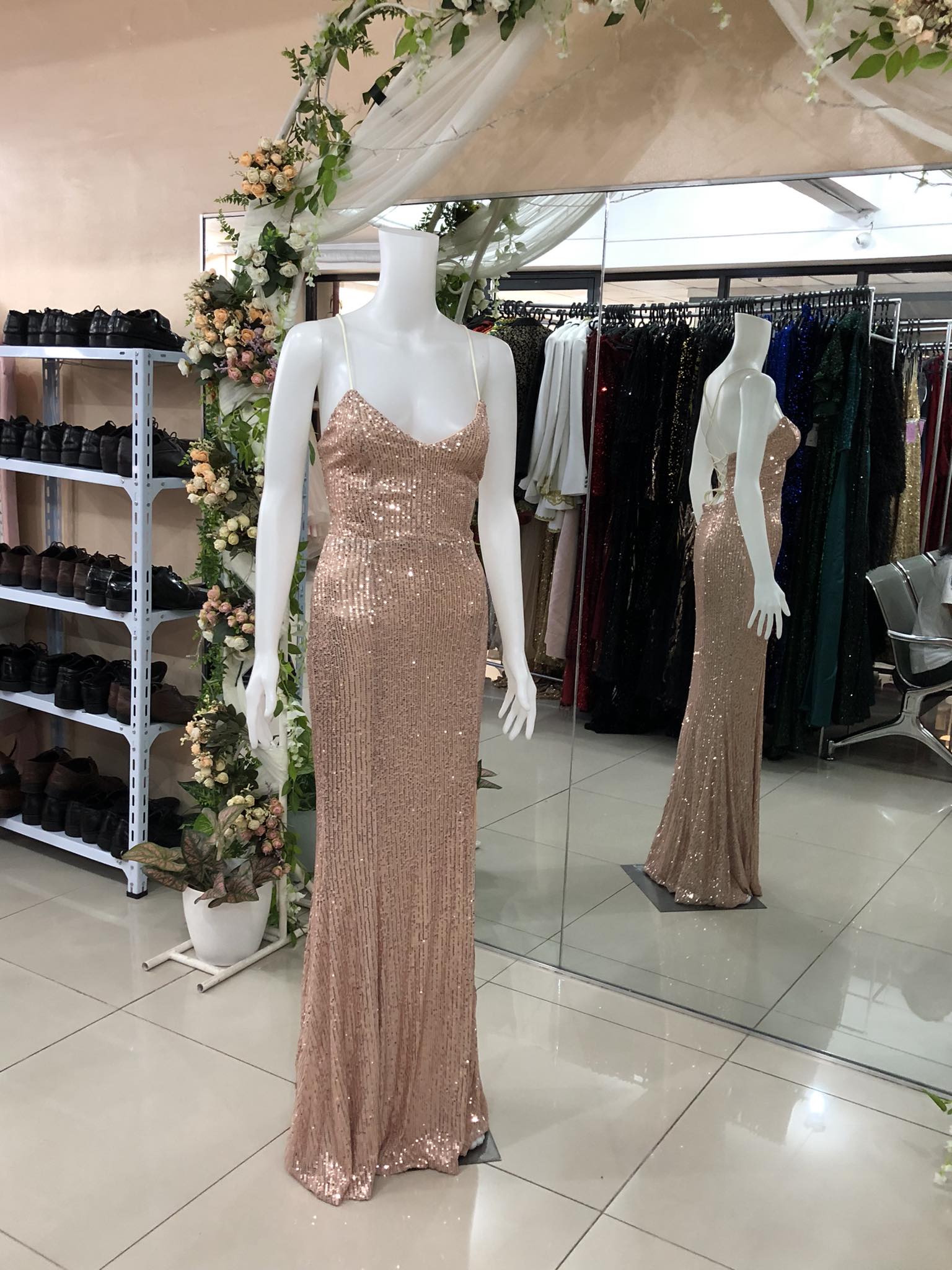 Rose Gold Small Sequins Glittery Spag Slit Long Gown