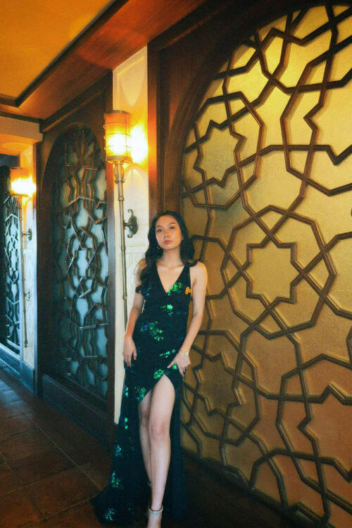 Black Green Spag Sequins Glittery Slit Gown
