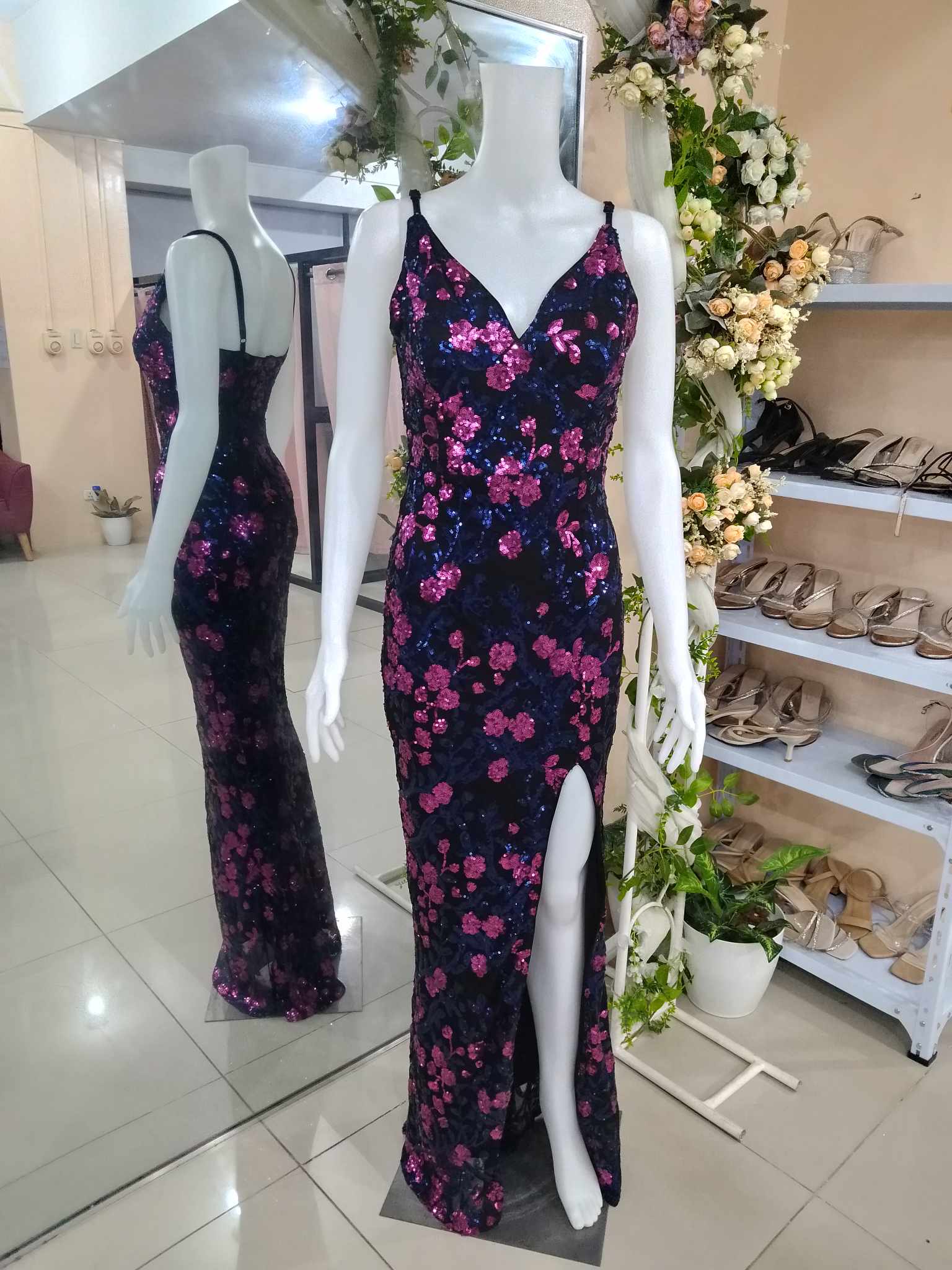 Multicolor Blue Purple Black Spag Slit Sequins Glittery Gown