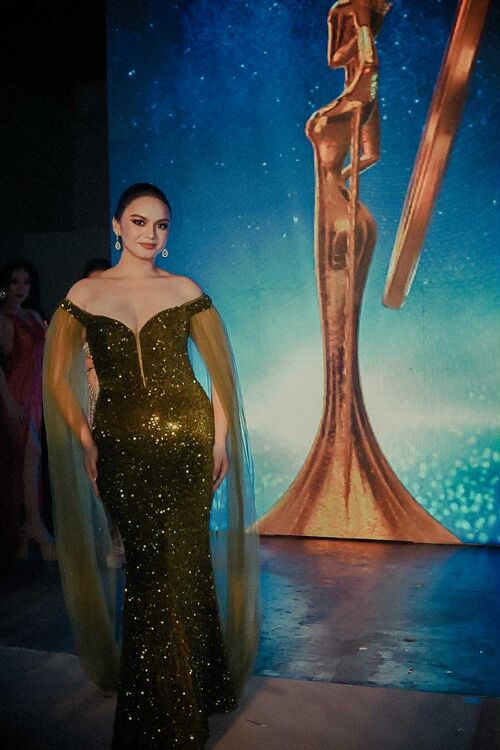 Celadon Green Cold Shoulder Cloak Sequins Long Gown