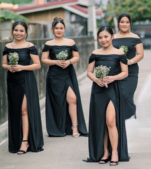 Black OffShoulder With Slit Draped Bridesmaid Long Gown