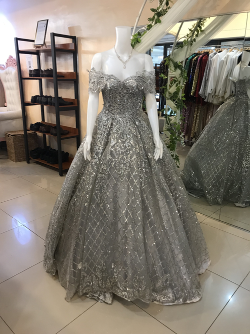 Luxurious Silver Gray Offshoulder Ball Gown