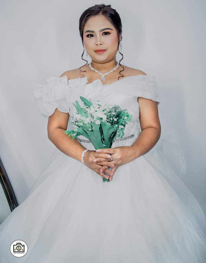 Ruffled Off-shoulder with Silver Line Wedding Gown
