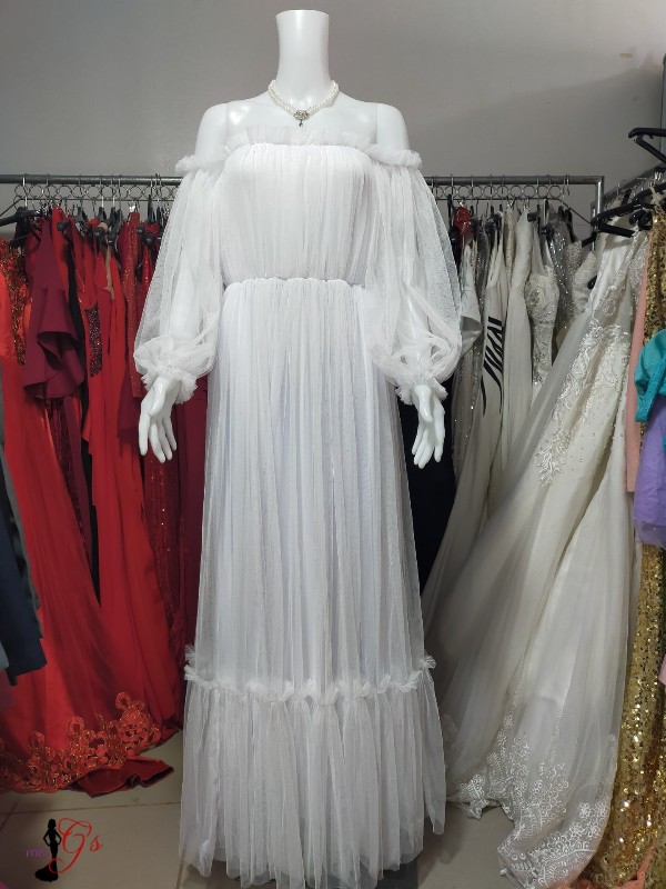White Boho Offshoulder Longsleeves Tulle Gown