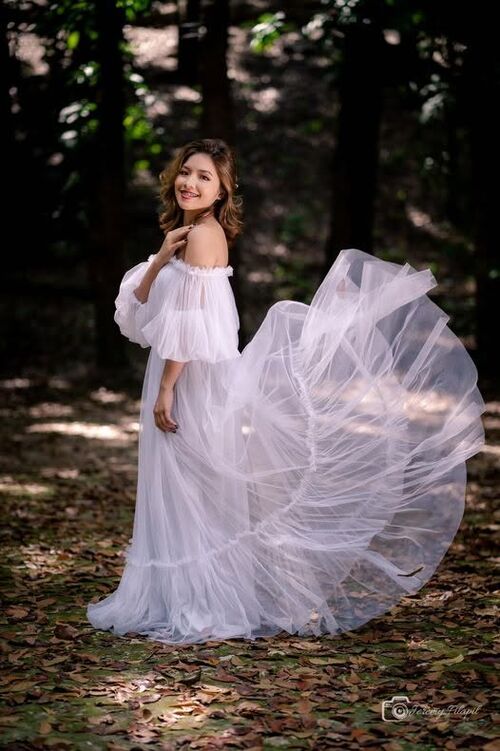White Boho Offshoulder Longsleeves Tulle Gown
