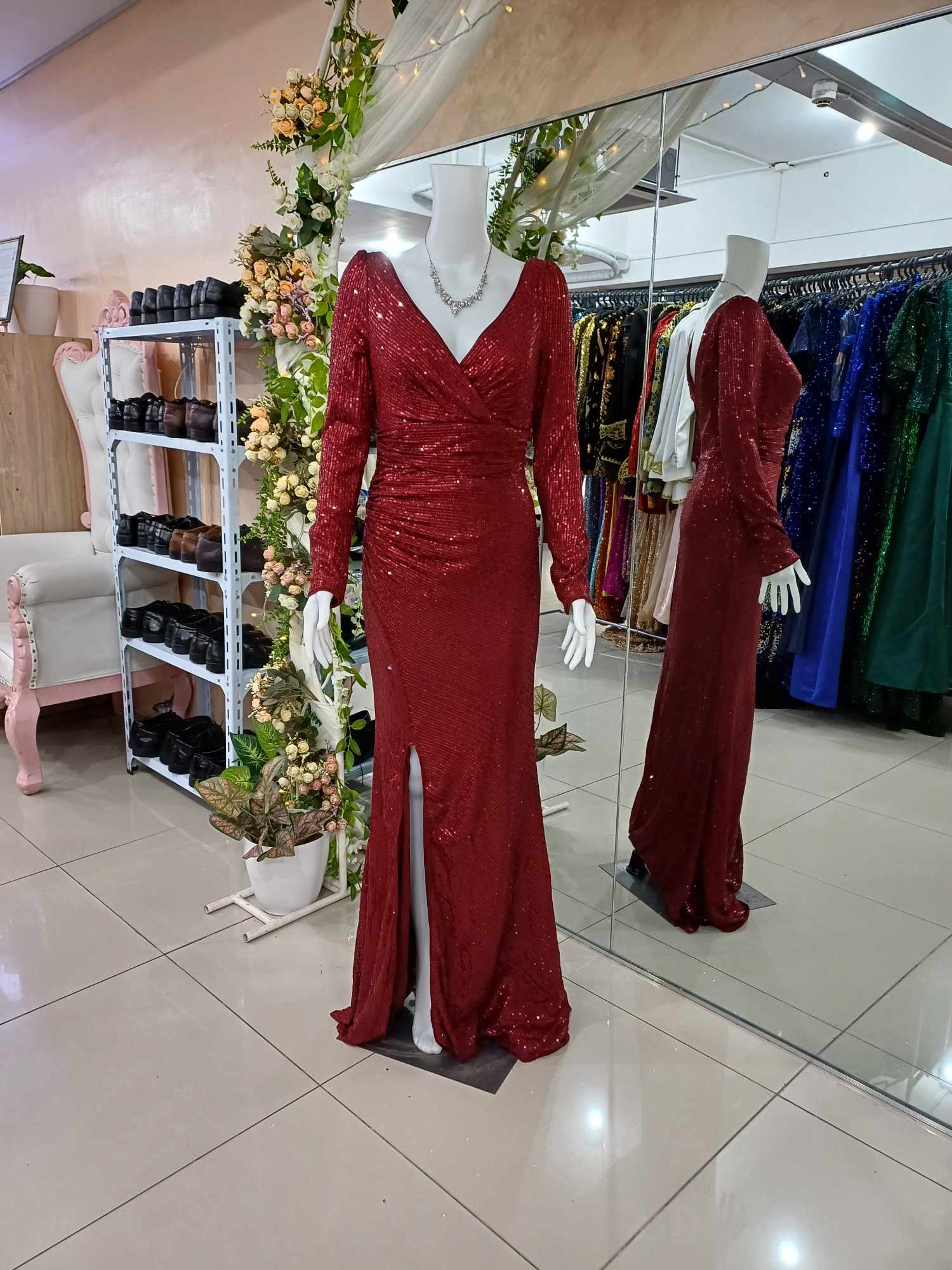 Red Sequins Long Sleeves Sequins Glittery Slit Long Gown