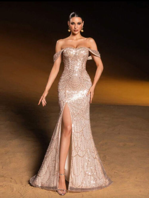 Gold Sequin OffShoulder Corset Evening Gown FAERIESTY