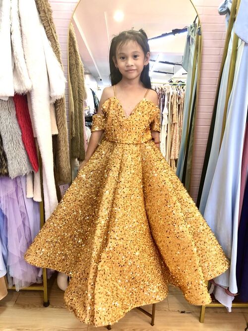 Yellow Gold Umbrella Sequins Glittery Ball Gown For Kids