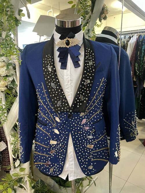 Navy Blue Shiny Black Collar Tuxedo with Mirror & Beads Design