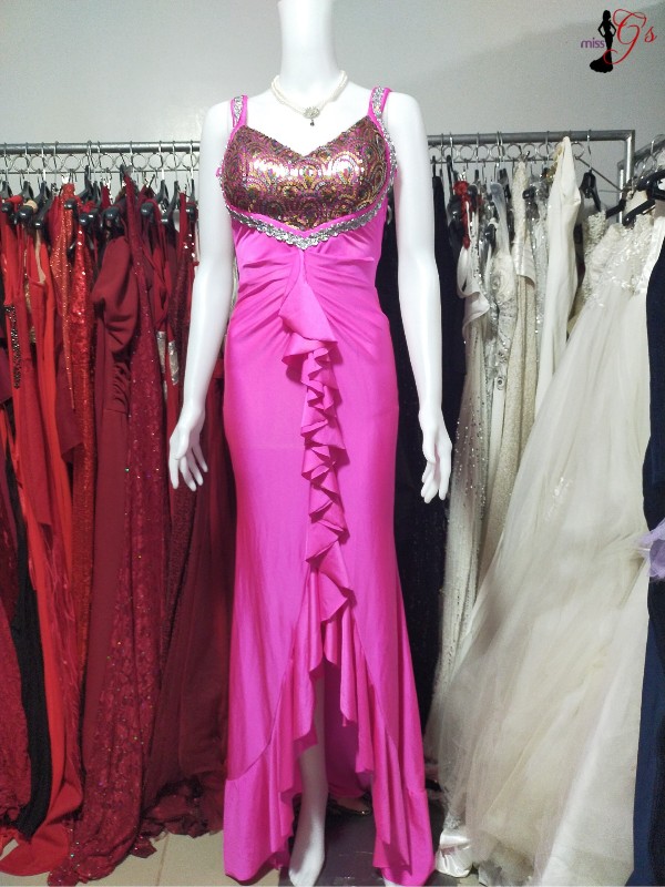 Fuchsia Pink Ruffles Sexy Long Gown