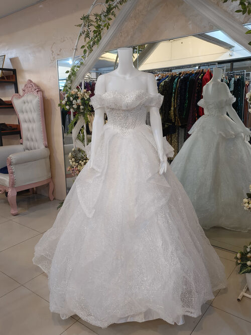 White off shoulder Front Chest Ruffle Wedding Gown