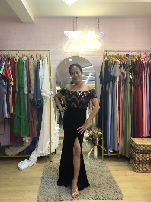 Black Velvet Off Shoulder Half Sequins Long Gown
