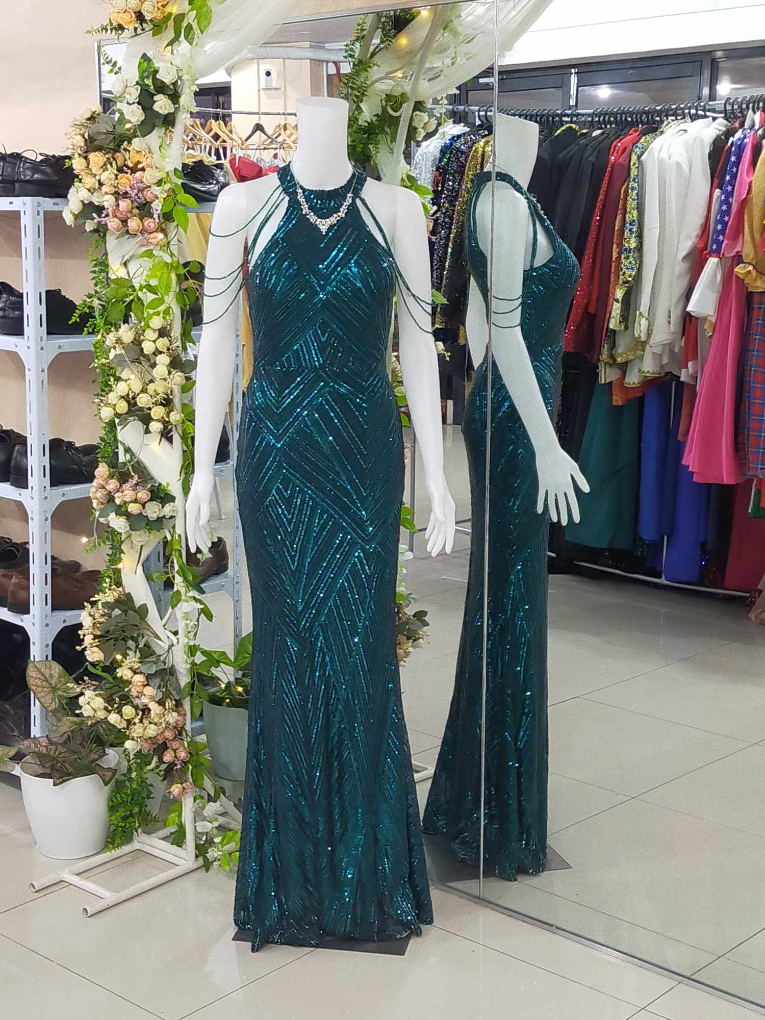 Halter Green Sequins Glittery Beads Sleeves Long Gown
