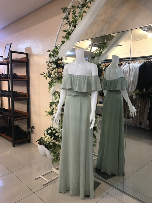 Sage Green Offshoulder Chiffon Slit Bridesmaid Gown