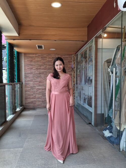 Dusty Pink Elegant Chiffon Lace Sleeve Mother Gown
