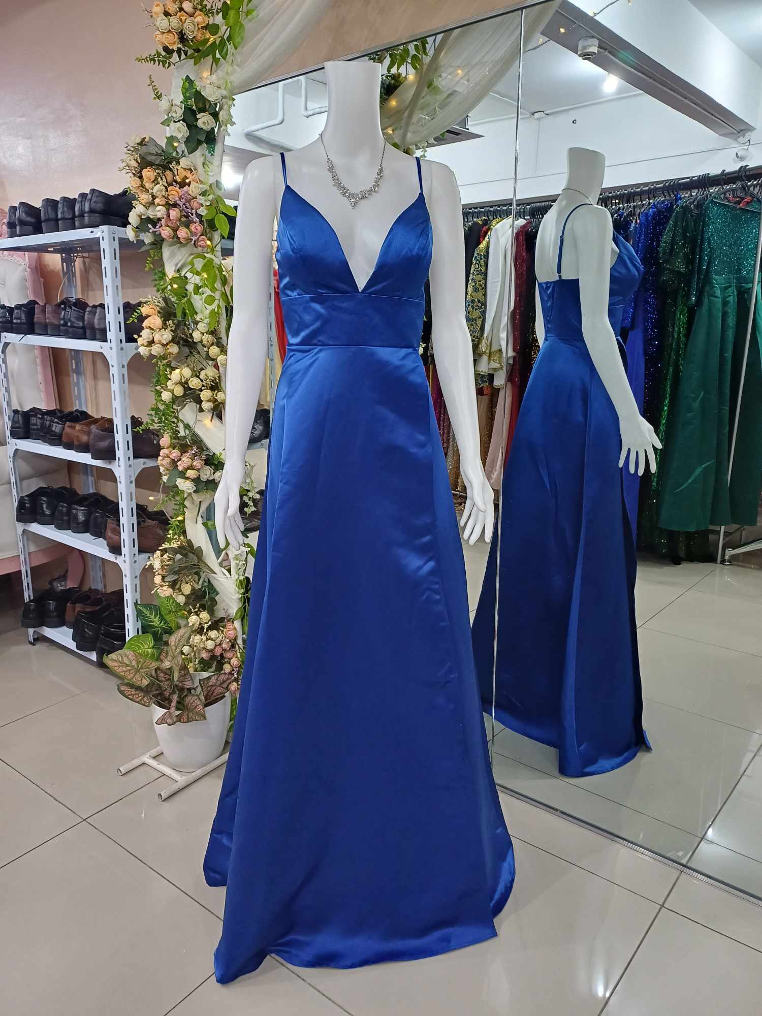 Royal Blue Deep V-Cleavage Satin Gown