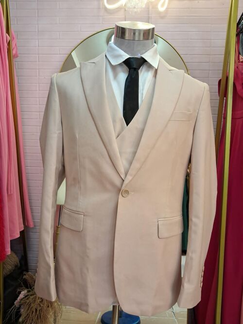 3 Pieces Men's Beige Suit Set with 8 Buttons Vest
