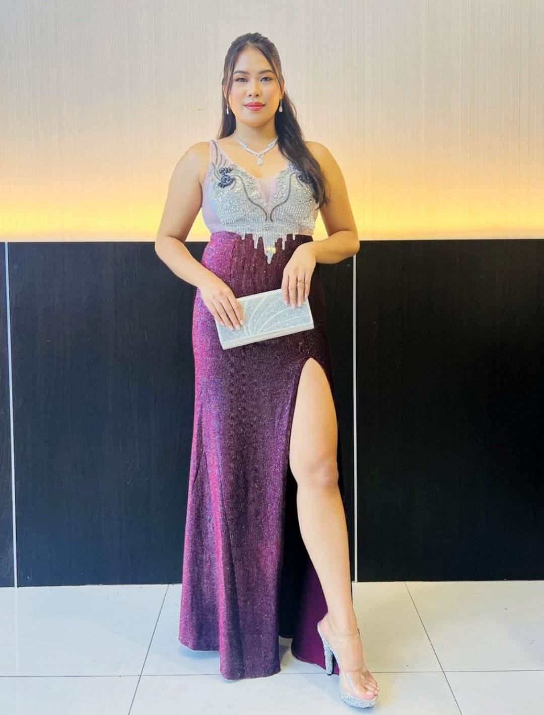 Silver Burgundy Glittery Slit Gown