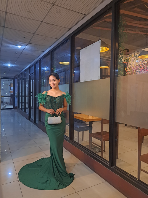 Green offshoulder feather sleeves Gown