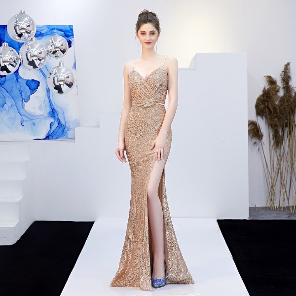 Rosegold Full Sequins Glittery Spag Slit Long Gown
