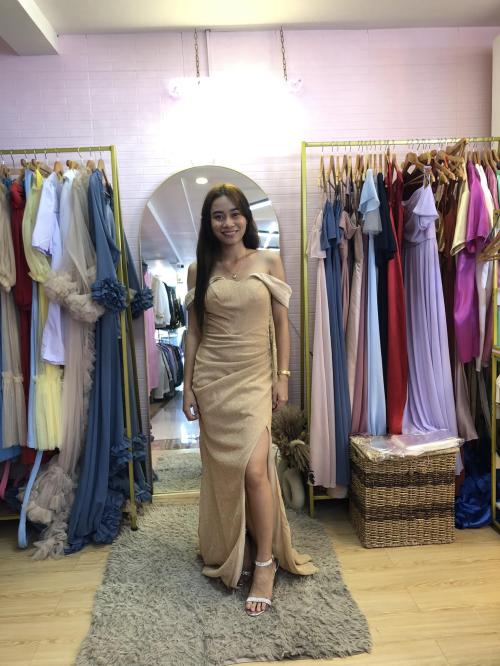 Gold Offshoulder Glittery Sit Long Gown