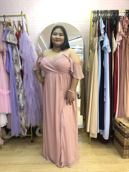 Plus Size Old Rose Chiffon Bridesmaid Dress with Off Shoulder Cut-Out