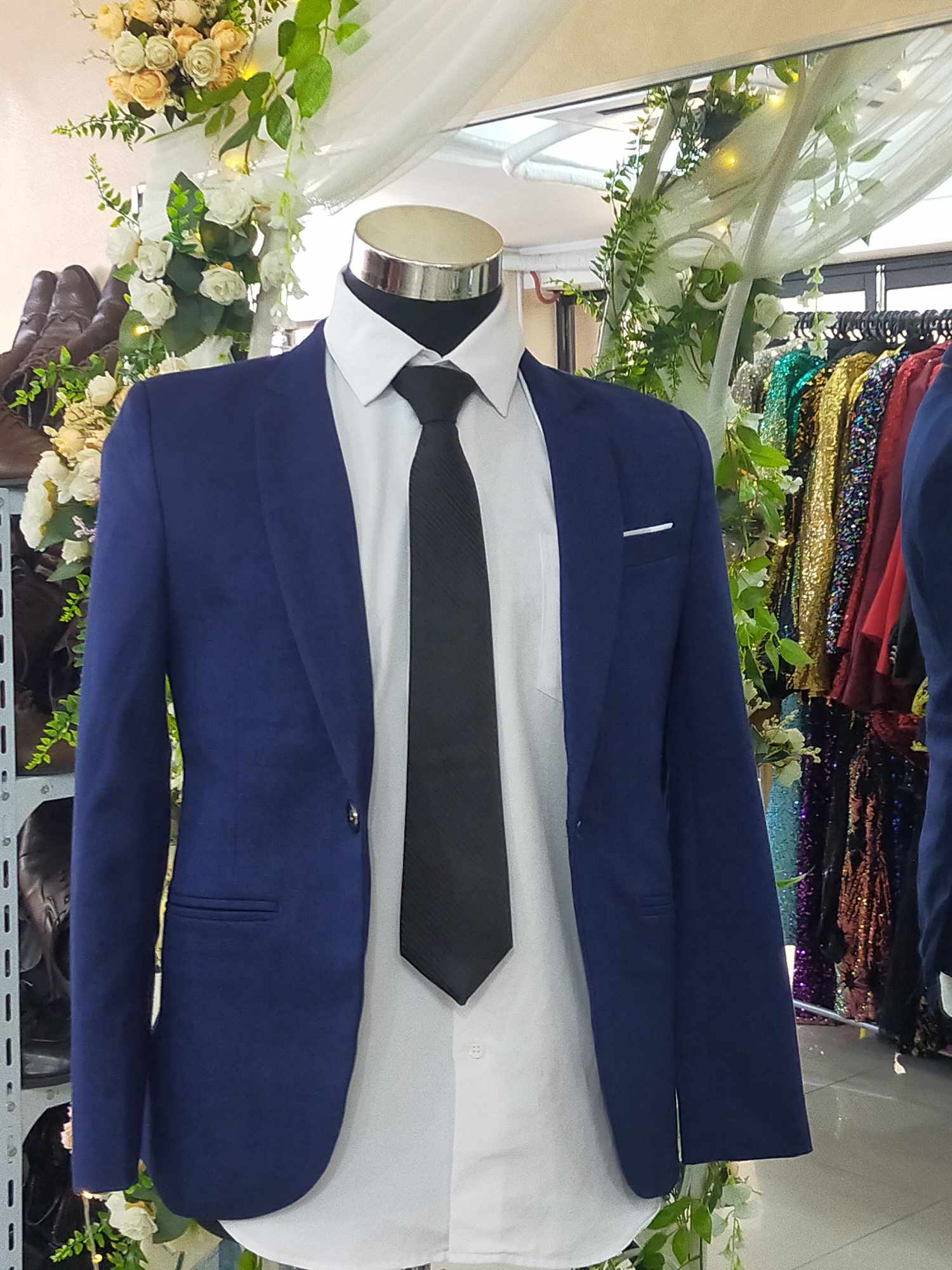 Navy Blue Sleeves  White Line Pocket Men Suit Tuxedo