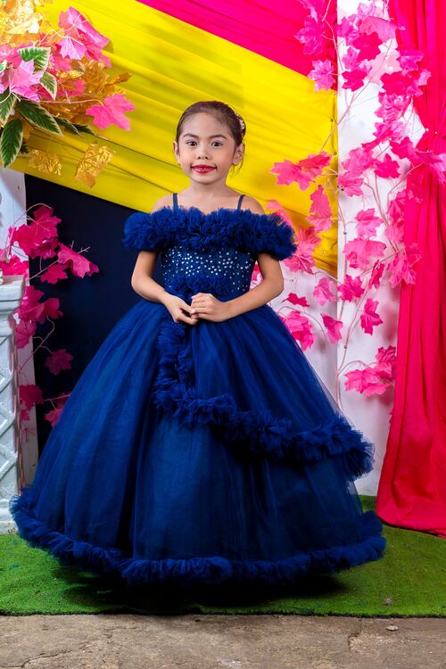 Navy Blue Puffy Flower Girl Tulle Dress Gown Bow Kids Clothes