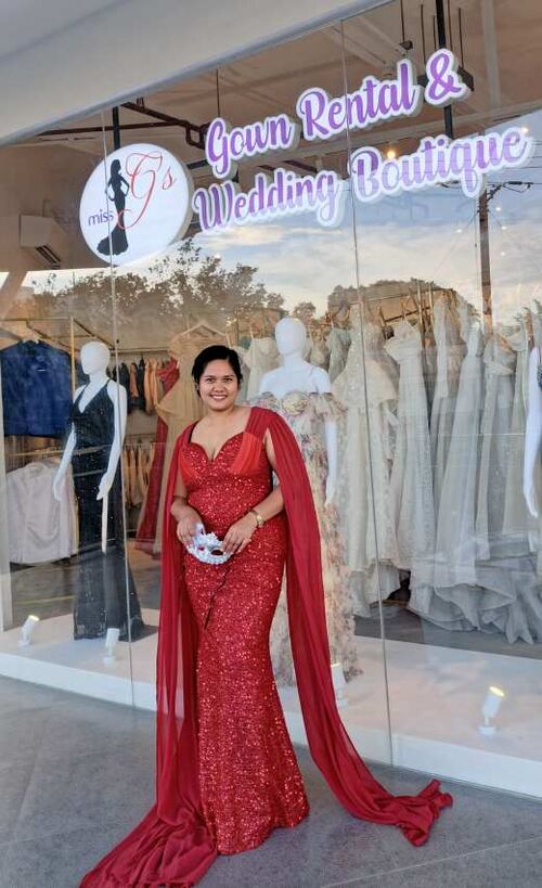 Plus Size Red Sequins Chiffon Shoulder Drape Long Gown