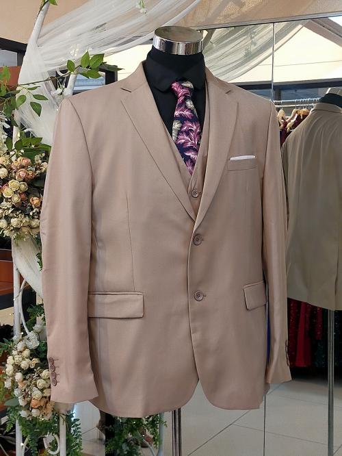 Buff Brown Three Piece Groomsman White line pocket Set Suit