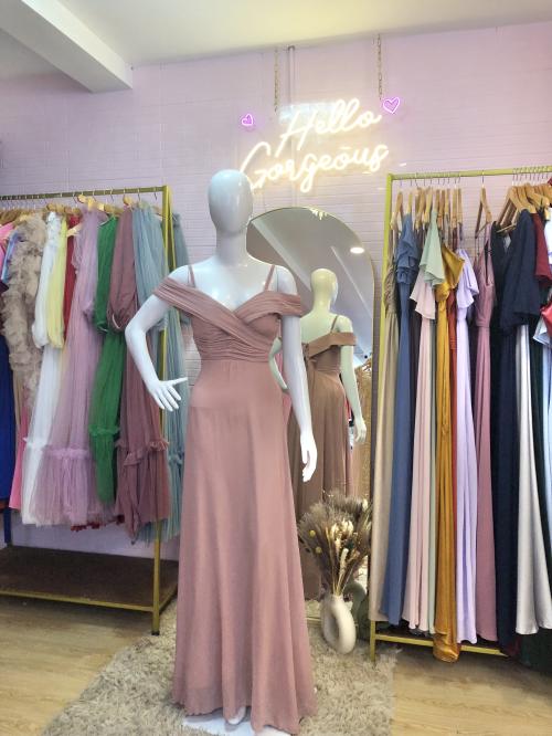 Dusty Pink Offshoulder Spag Chiffon Bridesmaid Gown