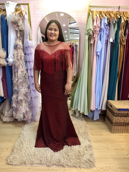 Plus Size Maroon Burguindy Tassel Mesh Gown