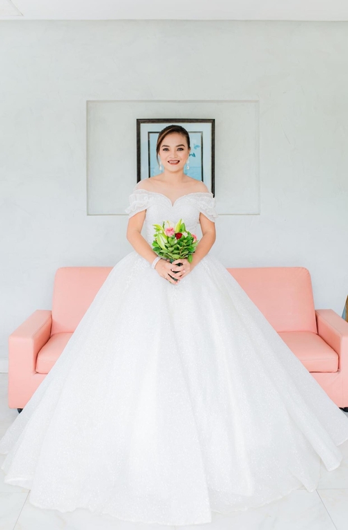 Ruffled Off-shoulder Mesh with Beads Wedding Gown