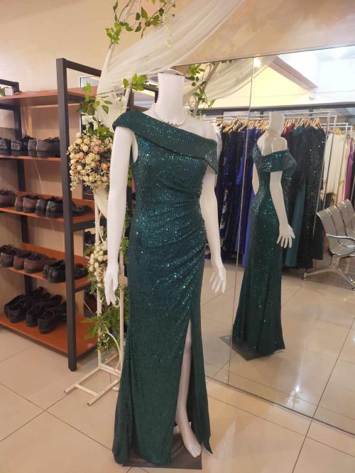 Emerald Green Asymmetrical Slit Long Gown