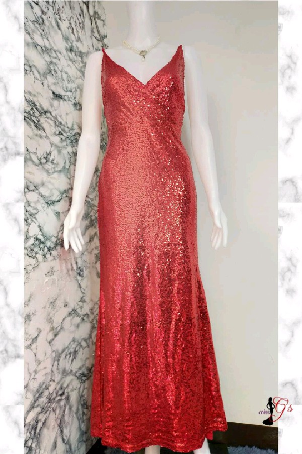 Plus Size Red Sequins Glittery Spag Long Gown