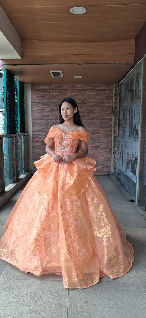 Peach Orange Off Shoulder with Fitted Corset Style Ball Gown