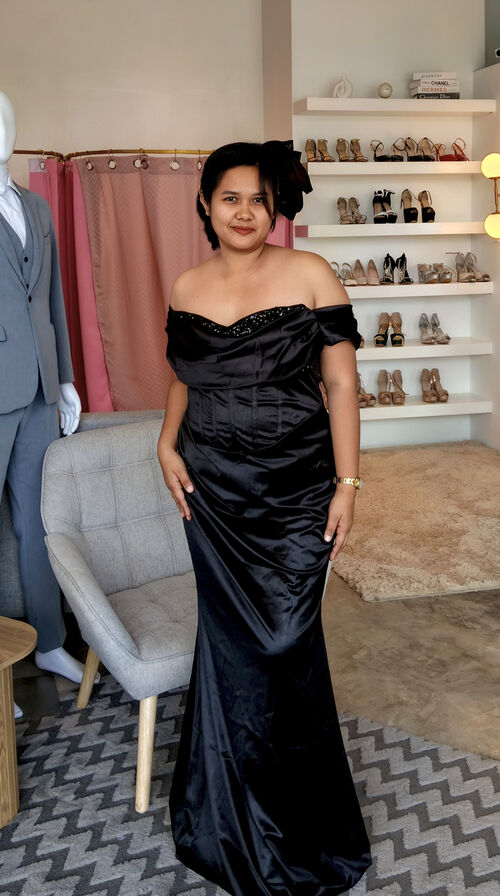 Plus Size Black OffShoulder Satin Corset Long Gown 