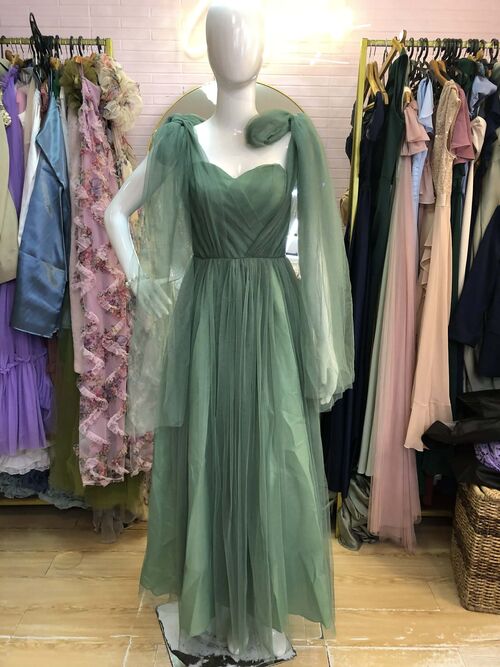 Dark Sage Green Tulle Bridesmaid Gown (#9)