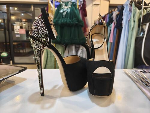 Black Suede Colorful Rhinestone Heels
