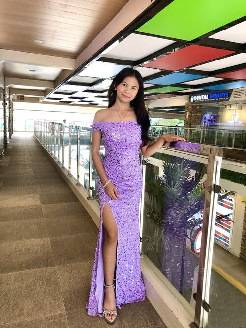 Glittery Lavender Off shoulder Long Gown